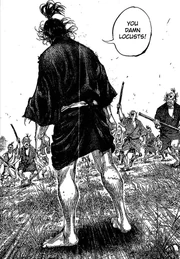 Musashi fights against a group of bandits that come to loot the villagers.