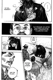 Musashi implores Sado Nagaoka to save the village from the famine.