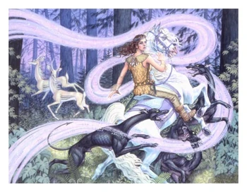 Painting showing Elspeth mounted on Gwena and fighting off a pack of wyrsa with two dyheli in the background. A lavender-colored band, representing a swirl of magic, twines around Elspeth and Gwena.