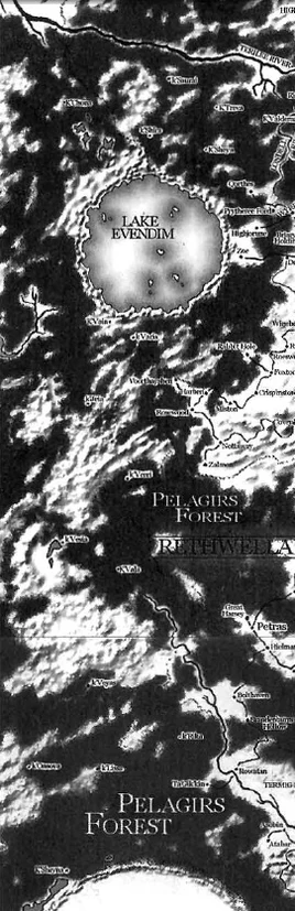 A clipped portion of the black and white drawn map of Velgarth that was published in 'The Valdemar Companion'. This piece shows the Pelagirs region stretching from Lake Evendim in the north, to the edge of the Dhorisha Plains in the south.