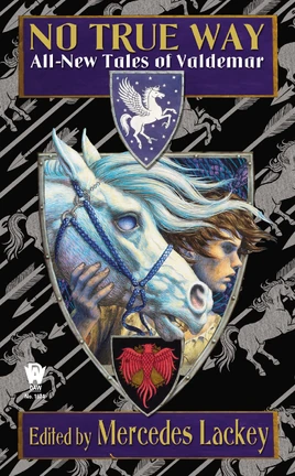 The cover of the anthology. The background is a diagonal pattern of silver Companions and arrows on a black field. At the top of the foreground is a blue rectangular box with the full title of the anthology. The center is a shield shape showing the head of a Companion in profile facing to the right. Just past the nose the head of the Herald can also be seen in profile. The Herald's right hand is wrapped around the bottom of his Companion's jaw. The title box and the center image are connected by a small shield with the arms of Valdemar--a white winged horse on a blue field of white stars. The bottom of the foreground is another rectangular box with the words "Edited by Mercedes Lackey."