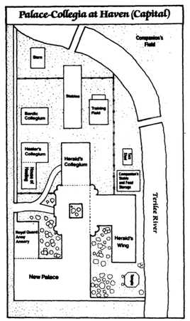 A black and white line art map showing the layout of the Palace Complex. The map is entitled 'Palace-Collegia at Haven (Capital)'.