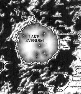 A clipped portion of the black and white drawn map of Velgarth that was published in 'The Valdemar Companion'. This piece shows the area around Lake Evendim.