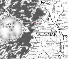 A clipped portion of the black and white drawn map of Velgarth that was published in 'The Valdemar Companion'. This piece shows the area around Forst Reach.