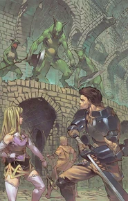 Arngrim, Mystina and Llewelyn facing Lizard Warriors.