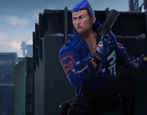 Yoru hiding behind a box, Sheriff in right hand