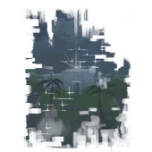 A mural of Wolf Mansion being struck from the sky