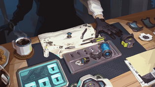 Deadlock stands mostly in shadow with only her hands and hip visible. Before her is a table laid out with various electronic components, a screwdriver, and a tablet.