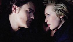 Stefan and Caroline share a moment.
