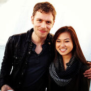 Joseph Morgan as Klaus on set with fan