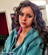 nina dobrev on the set as old katherine