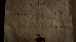 Esther's Linking Spell; from top: Niklaus, (left) Rebekah, (right) Finn, (left) Kol and Mikael (left, two mistakes: it should represent Elijah, and is written miuael)