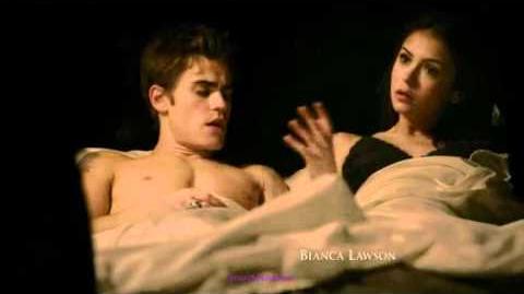 The Vampire Diaries Stefan and Elena in bed together than Damon comes in 1x13