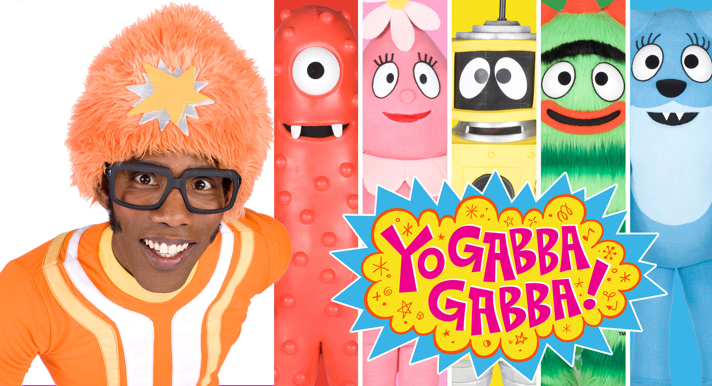 Yo Gabba Gabba - The Gabba Gang! Plex, Toodee, Muno, Foofa, and Brobee.