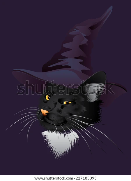 Royalty Vector Stock - Smiling black halloween cat in purple witch hat ...