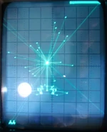 Vectrex horizontal and vertical output hooked on an oscilloscope (Minestorm)