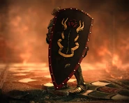 Радовид укрывается за щитом от огня дракона