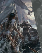 Геральт сражается с сиренами, артбук игры Ведьмак 3: Дикая Охота