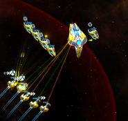 A Group of Cavalier Cutters Rushing a Sovereign Carrier escorted by a group of Bastion Cruisers.