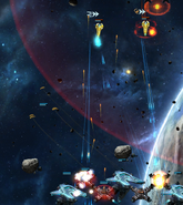 Bombardment Torpedo Turrets tring to fend off Elite Inquisitor Destroyers.