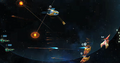 Oligarch Paragon Battleships firing Sai Missiles at Exterminator Destroyers