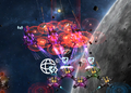 Nova Missile Turrets attacking a half-fleet of Pariah Battlecruisers.