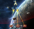 Twinfire Beam Turrets firing on Elite Bastion Cruisers armed with Xeno Bombardment Torpedoes.