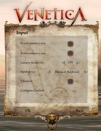 Venetica's Input Settings menu