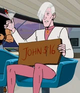 Pete holding a cardboard sign that says "JOHN 3:16" with a drink in hand.