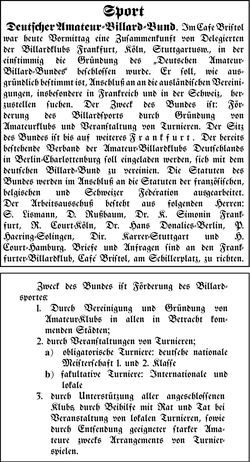 Artikel vom 18. April 1911 in der• Frankfurter Zeitung (oben)• Billardzeitung Fa