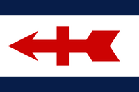 The Red Arrow Route is a local symbol and well echos the represention of the state and it's motto "Forward". Lake Superior and Lake Michigan are represented by the two blue stripes. The white central stripe stands for manfacturing (especially paper).