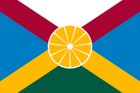 Proposal for a flag for Florida. In the center is the floridian orange. The red, white and yellow in the top half, as well as the diagonal cross, remind us of the Spanish heritage. In the bottom half is the land, with seas on either side and beaches in between. All colors are taken from the old flag and seal.The orange design is copied from proposal "Szwab". By Qaz Nov 2019 (details)