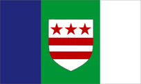 WA flag proposal #2 by Dean Thomas. Blue stripe for Pacific Ocean, Green stripe for the state flora, White stripe for the snowy peaks. The Shield from George Washington's COA are in the center of the flag.