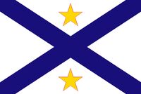 Alternate proposal for Michigan State Flag. The four arms of the blue diagonal cross represent the four Great Lakes that Michigan borders, and the two stars represent the Upper and Lower Peninsulas.