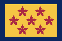 My version of designs by SimplisticFlags and Hans. he blue border is from the current flag and the colors are the official state colors (old gold and blue). The red flowers are based on the family arms of Francis H. Pierpont, the "Father of West Virginia.” The seven flowers with five petals represent the West Virginia's order of admission (35th). The arrangement of the flowers abstractly spells “WV." Posted by Preston Knapp [1]