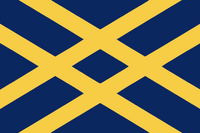Crossed bars in the official state colors abstractly represent Indiana as the “Crossroads of America.“