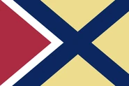 Based on a design by Hans. The flag of English Jersey contains a red saltire on white; the New Jersey flag has a saltire in the state colors of blue and buff. The three buff areas symbolize the three distinct regions of the state: North, Central, and South Jersey. The red triangle alludes to the Phrygian cap as well as the cornucopia, the items held by the supporters of the current arms, representing the state motto, "Liberty and prosperity”. The red triangle bordered by white also abstractly mimics the red and white lozenge in the arms of the original Lord Proprietor of the state Sir George Carteret. Posted by Preston Knapp [1]