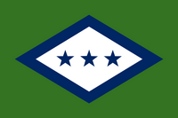 A blue diamond to represent the Diamond state, the stars in the center to represent the three governments that have had rule over the state (Spain, France, US) and also representing the three nicknames for the state. The fourth star that represents the confederacy was removed. The green represents the state's motto "The Natural State"