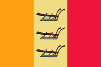 Proposal for a flag for New Jersey. The ploughs in the middle part represents the shield, the buff color is taken from the old flag, left is orange for liberty and right is red for prosperity.