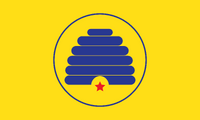 Minimalist beehive with a red star on a yellow background. Proposed by Thomas Nehren.