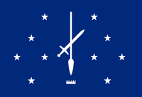 Virtue - My proposal for a new state flag for the Commonwealth of Virginia. This flag contains 10 five-point stars that represent Virginia. (10th state admitted into the union) They are laid out symmetrically on the same field of blue currently used in the flag. There is a spear and sword crossed as well as centered to represent the weapons carried by "The Goddess Virtue" as well as a fallen crown representing the fall of tyranny. This is to depict what is currently on the state seal, and the state motto in a more modern and simplistic way. (Sic Semper Tyrannis - Thus Always to Tyrants)
