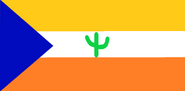 The future proposed flag of Sonora primarily contains tricolors of Golden Yellow, White with a green cactus on the middle, and Orange. It represents the hot and dry landscapes of the desert. The blue triangle on the left is the state's coastline of the Gulf of California.