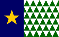 Peter Martin proposal, c. 1979. Gold North Star on blue at hoist and a field of green and white triangles representing the forests of Maine.