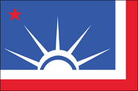 New York State Flag Simplistic Proposal. The Statue of Liberty’s crown has five points for the five states bordering the state and for New York City’s five boroughs. The red and white backwards “L” is a nod to the Union Jack and a reminder of what we can do when we band together. By Ed Mitchell. 2013.