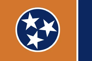 Proportions similar to design by Rotten Ali. The stars represent the three geographically and legally distinct "Grand Divisions" of Tennessee (East Tennessee, Middle Tennessee, and West Tennessee). The blue circle around the stars represents the unity of those grand divisions. The orange color has become an unofficial color of the state and has replaced the blatantly Confederate origins of the red in the current flag while still maintaining the overall strong iconography of it. Posted by Preston Knapp [1]
