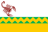 Durango is a mountainous stated covered by forest, hence the gold peaks and green triangles, which also form a hat band, paying respect to Durango caballeros. The state is known for its scorpions which is prominently represented. The silver mining industry is essential to the prosperity of the state, represented here by the white area. Greyspeir. 2017.