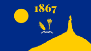 the 2 colors in this flag represent the current colors. the symbols and their meanings are. chimney rock is a historic land mark in the state. corn wheat and the sun are all agriculture because nebraska is an agriculture state. 1867 is when it was founded and the banner is the state's motto.