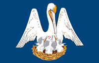 Proposal "drop the banner" for a flag for Louisiana, reusing the image of the pelican from the existing flag, but doing away with the banner and the motto. By Qaz Dec 2019 (details)
