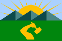 Proposal for a flag for Bridgeport, Connecticut. This flag is a worked out version of the coat of arms that is displayed in the center of the seal of the city. The "arm with hammer" symbol is filled with one color - yellow - to make it simpler. By Qaz Dec 2019 (details)