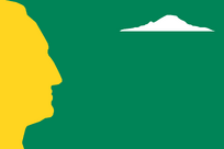 Proposal "Rainier" for a flag for the state of Washington, showing Washington's head in yellow and mount rainier in white on a green background. By Qaz Dec 2019 (details)